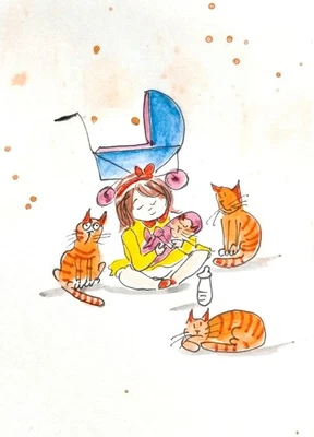 ¡NUEVO! ACEO original hecho a mano acuarela retrato niña, bebé, gatos infancia Foto 1 de 4