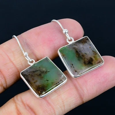 Chrome Chalcedony 925 Silver Plated Handmade Earrings of 1.58" - Image 1 of 3