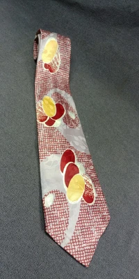 1950s Neck Tie Yellow Gold Gray Red Leaf Circle Design Vintage 3 1/2" x 52" - Image 1 of 4