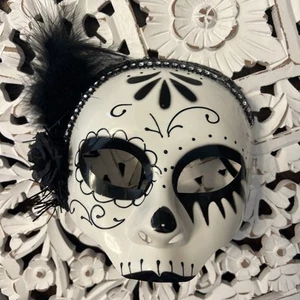 Day of the Dead Mask Black Rose Feathers Death Dia de los Muertos Masquerade - Picture 1 of 4