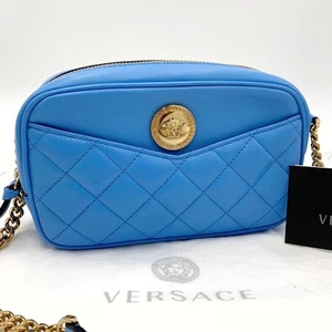 Bolso Bandolera Versace Medusa Sin Usar Cuero Cadena Cámara Azul Claro Dorado - Imagen 1 de 24