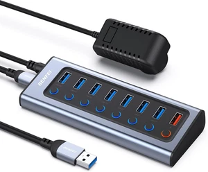 USB Hub 8-Port with Power Adapter | 7 USB 3.0 Data Ports + 1 Smart Charging Port - Picture 1 of 7