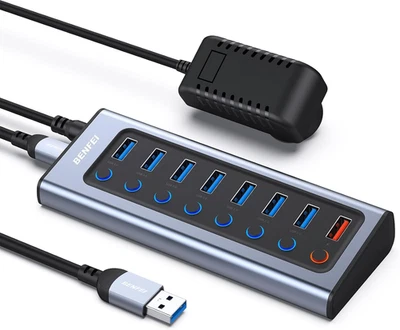 USB Hub 8-Port with Power Adapter | 7 USB 3.0 Data Ports + 1 Smart Charging Port - Image 1 of 4