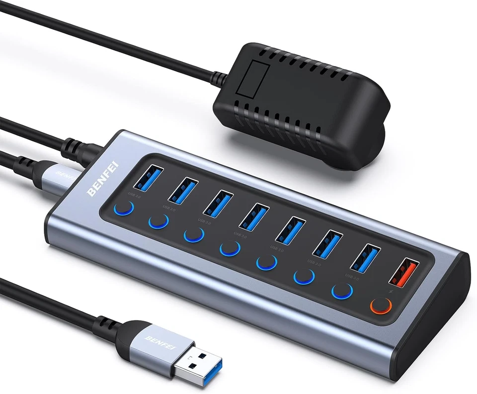 USB Hub 8-Port with Power Adapter | 7 USB 3.0 Data Ports + 1 Smart Charging Port - Image 1 of 4