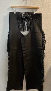 Women's Frontier Leather Black Full Leg Zipped Fringe Biker Chaps. M - Picture 1 of 10