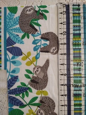 REMNANT Sleepy Sloth Northcott Studio 100% Cotton Quilt Fabric Blue Stripe 12x27 - Image 1 of 4