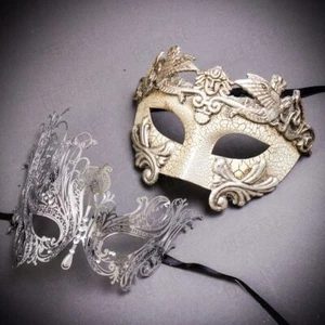 NEW Sexy Venetian Eye Masks Silver Couple Masks Masquerade Set for Men & Women - Picture 1 of 3