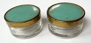 VTG Cosmetic Glass Jars SET  2 w/ Turquoise Color Metal Lids 2.25" Apothacary - Picture 1 of 6