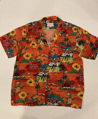 Camisa naranja sedosa vintage de moda hawaiana para hombre grande Fiji Paradise Pacific  Foto 1 de 4