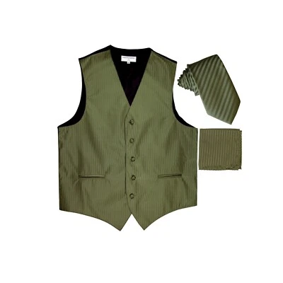New Men's Tuxedo Vest Vertical Stripes Necktie Hankie set prom party Olive Green - Image 1 of 4
