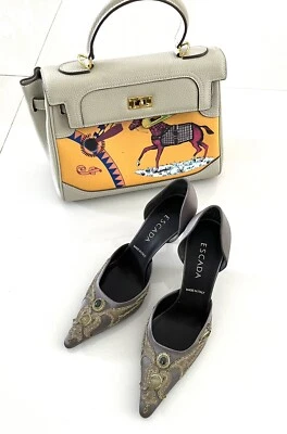 NEW ESCADA  High Heel Hand Embroidered Satin Stilettos Dark Grey SZ 38 US 37.5 - Image 1 of 4