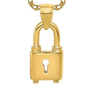 14K Solid Yellow Gold Lock Necklace - Picture 1 of 12