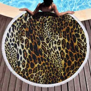 Leopard Split Round Beach Pool Towel Fringe 150cm Throw Yoga Picnic Blanket Mat - Picture 1 of 4