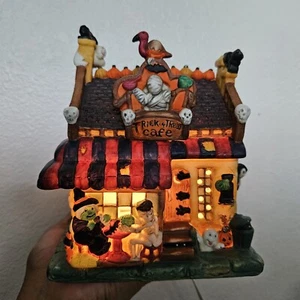VTG Halloween Harvest Trick or Treat Cafe Lighted Porcelain House 90s Horror - Picture 1 of 16