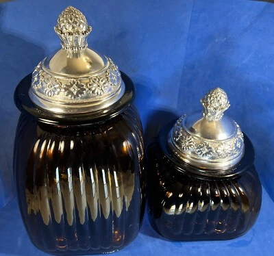 2 botes de vidrio ámbar ArtLand boticario tapas de piña de peltre ARTLAND Foto 1 de 4