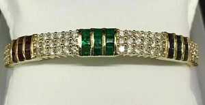 14K Yellow Gold Plated Princess Lab Created Emerald Ruby Bangle Bracelet - Picture 1 of 5
