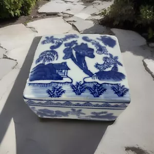 Antique Chinoiserie Blue And White Ceramic Tea Caddy Trinket Jewelry Box W Lid - Bild 1 von 14