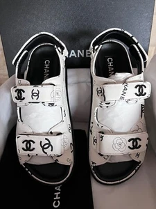 CHANEL 23P NEW TAGS ECRU BLACK CC LOGO LAMBSKIN DAD SANDALS EU37.5 - Picture 1 of 17