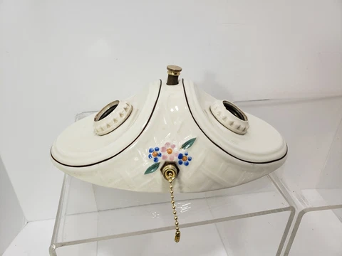Vintage Porcelier  Porcelain Double Socket Ceiling Light Fixture Floral Rewired Cover