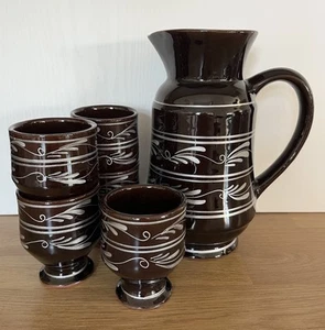 Vintage Retro Drinks Pitcher & Goblets Set, Handcrafted Studio Pottery Set Of 6 - Picture 1 of 20
