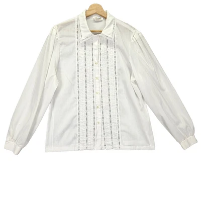 VTG Rhoda Lee Blouse Pintuck Pleats Ruffle Lace Long Sleeve Women's White Preppy - Image 1 of 4