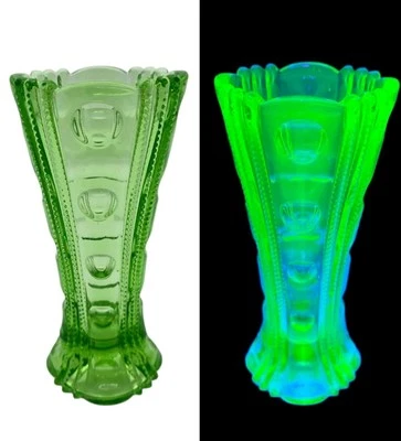 Vtg Uranium Glass Coin Dot Thumb Print Beaded Panel Green Vase GLOWS UV Art Deco - Image 1 of 4