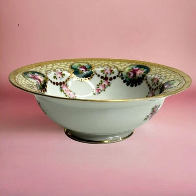 Nippon Hand Painted Pink Peony Gold Moriage Pedestal Bowl 6.5" Diameter - Image 1 of 4