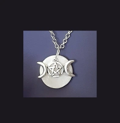 Selenite Crystal Necklace Triple Full Moon Goddess Pendant Silver Tone Chain 24" - Image 1 of 4