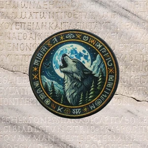 Howling Wolf under a Moonlit Sky Patch - Iron-On Applique Nordic Inspired Runes - Picture 1 of 24