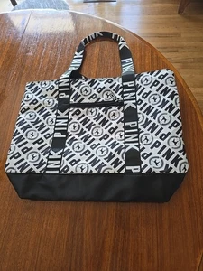 NWOT Victoria’s Secret PINK Logo Black & White Zippered Tote Shopping Bag - Picture 1 of 7