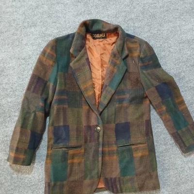 Blazer DE COLECCIÓN CASABLANCA para mujer mediano retazos a cuadros mezcla de lana hecho en EE. UU. AÑOS 90 Foto 1 de 4