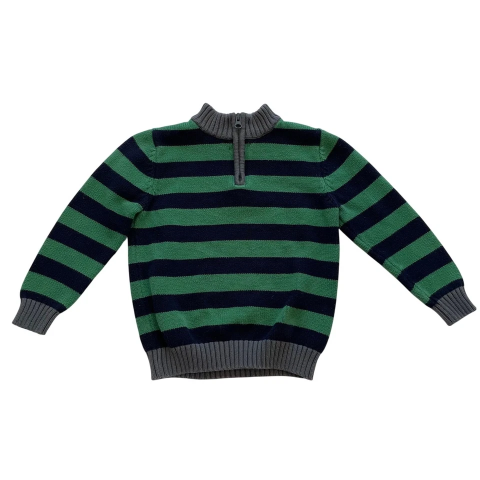 Hanna Andersson 110 Boys 4-5 Navy Green Striped Cotton 1/4 Zip Sweater - Image 1 of 4