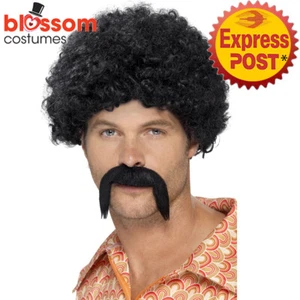 W454 Black Disco 70s Dirt Bag Wig & Moustache Mens Afro Costume Accessories - Picture 1 of 2