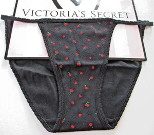 VICTORIA'S SECRET PINK 100% Cotton String Bikini Panty VS Black Red Cherry Heart - Picture 1 of 4