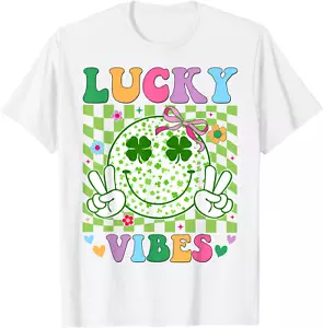 Groovy St Patricks Day Lucky Vibes Shamrock Women Girls Kids T-Shirt Size S-4XL - Picture 1 of 5