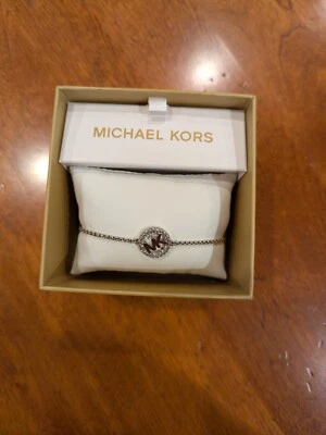 NIB Michael Kors Silver Plated MK Logo & Crystal Slider Bracelet with Box - Image 1 of 4
