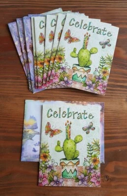 Leanin Tree (6) Sparkly Celebrate Birthday Cards w Cactus Butterflies Flowers - Image 1 of 4