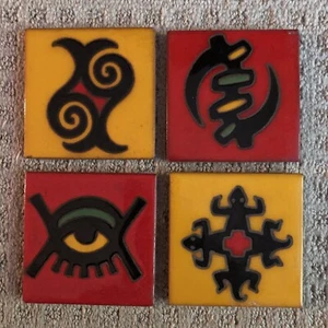 Set of 4 Abstract Arius Santa Fe Art Tile 4” Squ VTG 1990’s Red & Yellow - Picture 1 of 3