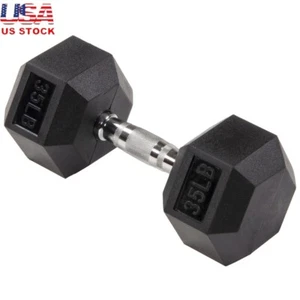 Hex Dumbbell 35lb Rubber Encased Anti Roll Comfort Grip Strength Training Black - Picture 1 of 4