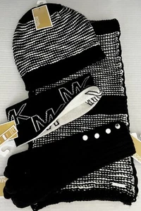 202 $ Michael Kors 4-teiliges Set Schal, Mütze, Handschuhe (3-teilig) + STIRNBAND schwarz weiß - Bild 1 von 5
