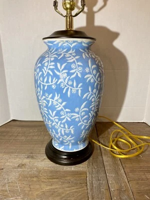 Vintage Blue And White Floral Vase Lamp Base Dark Wood Base 26” - Image 1 of 4