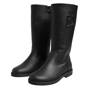 Dolce & Gabbana Kinder Schuhe Schwarz Kalbsleder Flache Hohe Stiefel L-31 R-32 600usd - Bild 1 von 7