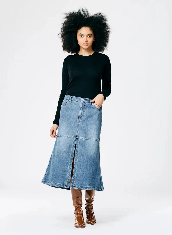 Falda midi TIBI Denim 4 bolsillos con abertura frontal línea A talla 26 denim clásico Foto 1 de 4