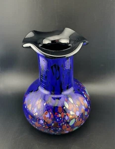 Art Glass Cobalt Blue Confetti Vintage Vase Woth Ruffled Edge - Picture 1 of 16