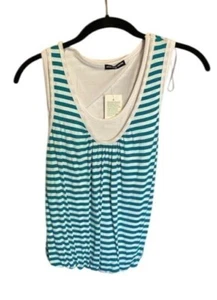 Cha Cha Vente Women's Petite Large Striped Sleeveless Top With Gathered Hem NWT - Picture 1 of 5