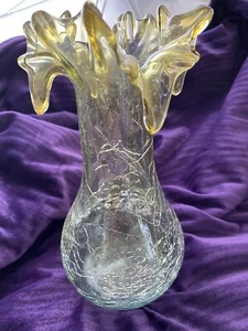 Vintage Crackle Blown Glass Vase Gold Tones - Picture 1 of 12