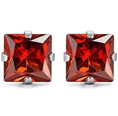 Aretes cuadrados de circonita cúbica de rubí de 5 mm, piedra de nacimiento de julio roja, acero inoxidable hipo 316L Foto 1 de 4