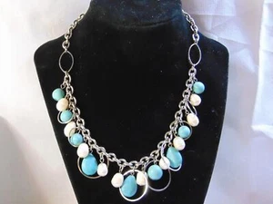 LIA SOPHIA turquoise pearl bead necklace silver tone chain fashion statement - Picture 1 of 6