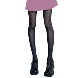 Women Sexy Black Silky Pantyhose Vintage Argyle Checkered Plaid Tights - Picture 1 of 8