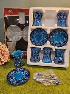 Blue Turkiye Tea Set with 6 Tea Cups, 6 Saucers, & 6 "Evil Eye" Spoons (in box) - Picture 1 of 10